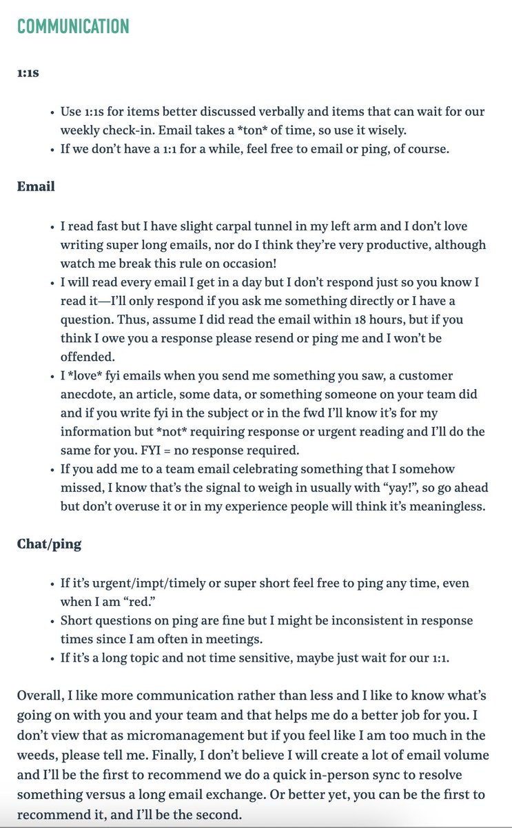 david_perell's tweet photo. Love the idea of a "working with me" doc. 

You can send it to people you're working with so everybody's on the same page about how you want to be treated and how people should work with you. Probably saves six months of relationship building.

This one is from @chughesjohnson. https://t.co/NooBJSd8xr