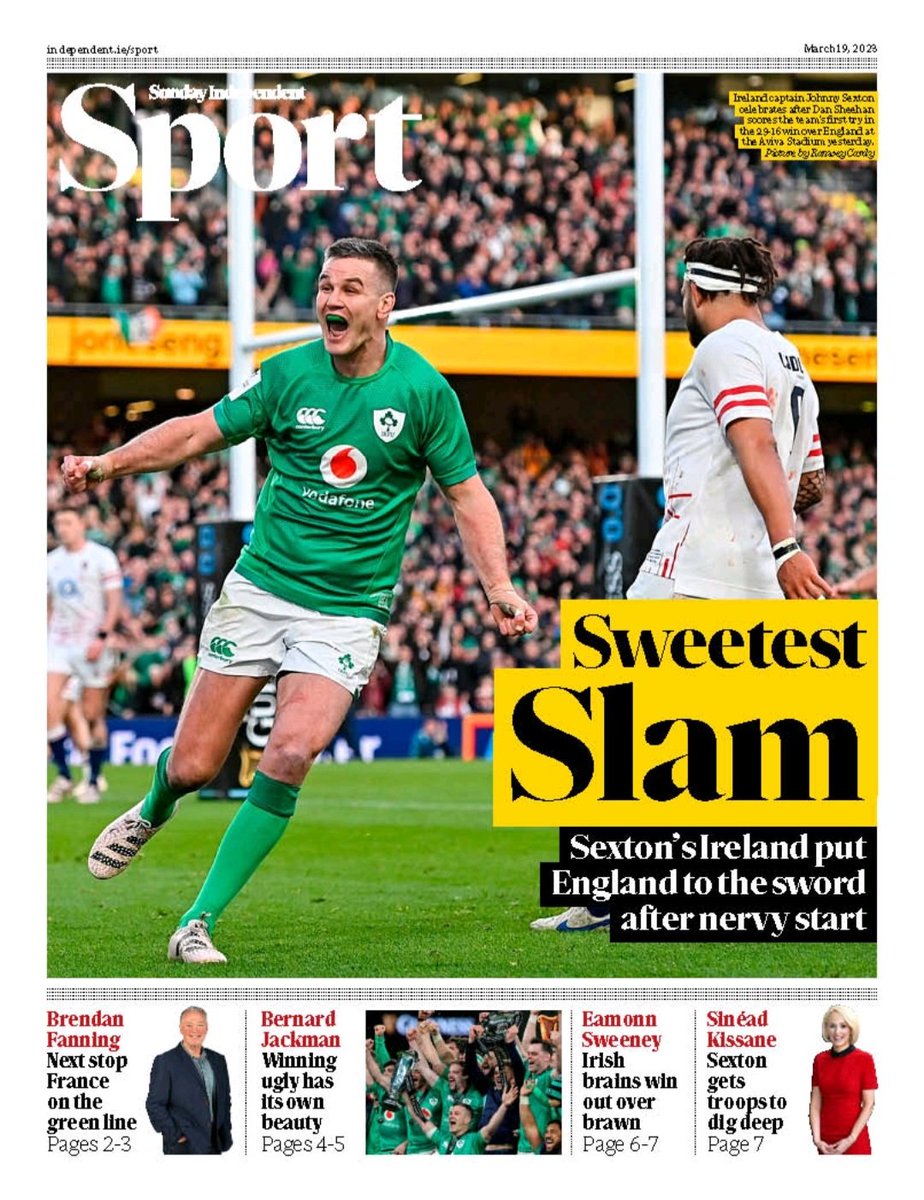 AlanEnglish9's tweet image. And here's the front of Sunday Independent Sport. Seven pages of reports and analysis as Ireland make history at home #IREvENG #GrandSlam #readallaboutit