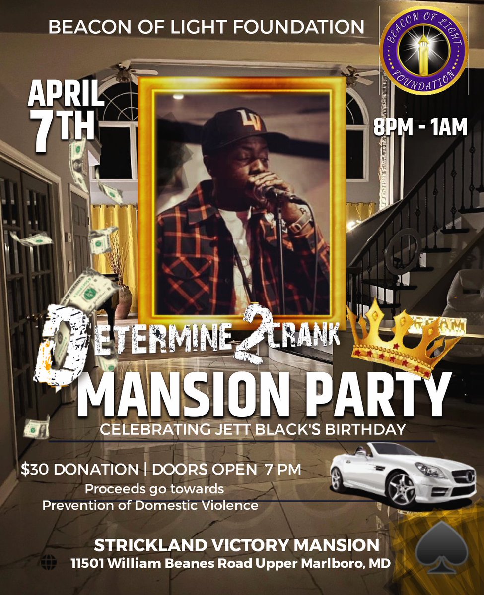 Friday April 7th Come see "Determine 2 Crank" feat <a href="/GirardStGarvey/">Girard Street Garvey</a> &amp; <a href="/JettBlackdc/">𝕵𝖊𝖙𝖙 𝕭𝖑𝖆𝖈𝖐 𝕯𝕮</a> at Strickland Victory Mansion presented by Beacon of Light Foundation #Respect2DaGODS <a href="/gogoroyalty1/">gogoroyalty</a>  <a href="/DMVGoGoEvents/">DMV Go-Go Events</a>  <a href="/GoGoRadio_TV/">GoGoRadio.TV</a>  eventbrite.com/e/friday-night…