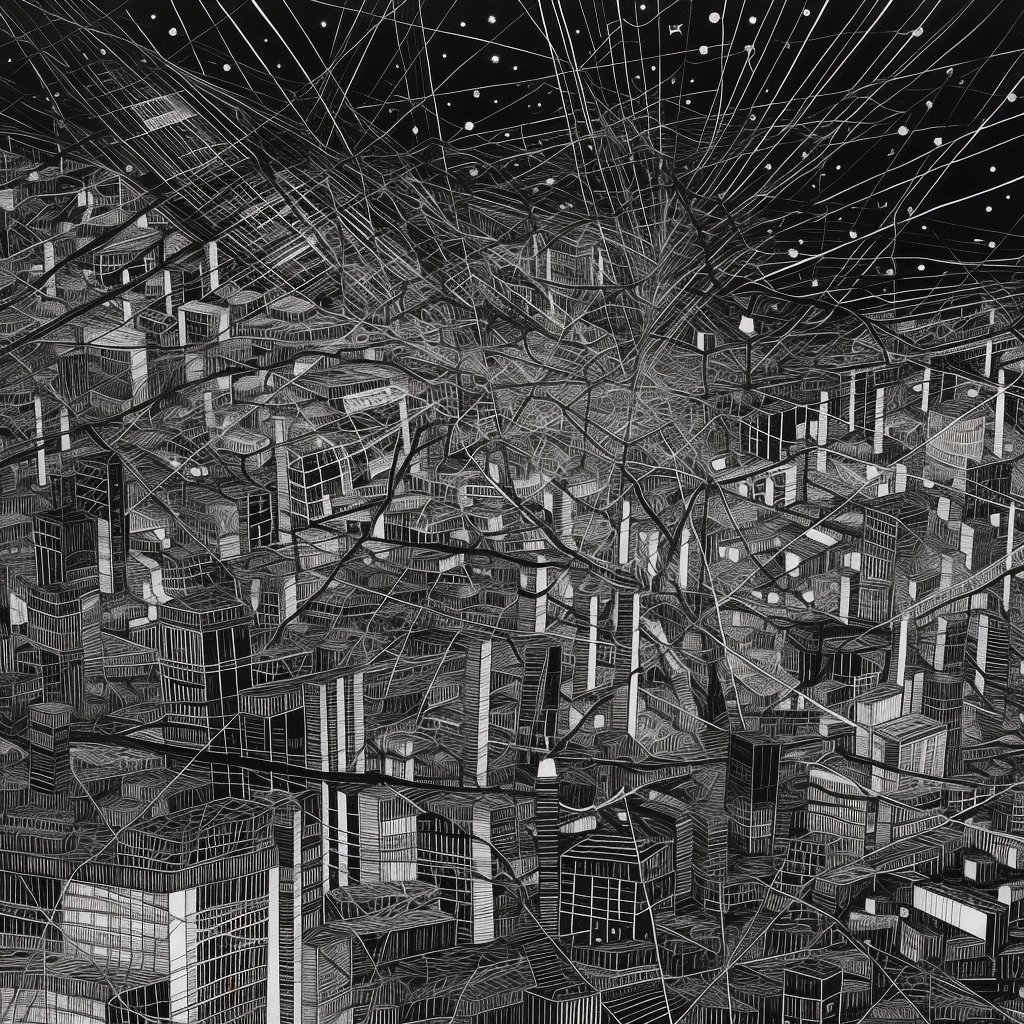 emollick's tweet photo. I asked GPT-4 to look up how to do prompts, and also the text to Calvino's Invisible Cities. The prompts were okay (they tended to include details that weren't visual), but the results were surprisingly interesting. Here is how it rendered: Ersilia, Maurilia, Valdrada and Esmeralda.

"In Ersilia, to establish the relationships that sustain the city's life, the inhabitants stretch strings from the corners of the houses, white or black or gray or black-and-white according to whether they mark a relationship of blood, of trade, authority, agency. When the strings become so numerous that you can no longer pass among them, the inhabitants leave: the houses are dismantled; only the strings and their supports remain." (Calvino 76)

"The ancients buit Valdrada on the shores of a lake, with houses all verandas one above the other, and high streets whose railed parapets look out over the water. Thus the traveler, arriving, sees two cities: one erect above the lake, and the other reflected, upside down. Nothing exists or happens in the one Valdrada that the other Valdrada does not repeat, because the city was so constructed that its every point would be reflected in its mirror, and the Valdrada down in the water contains not only all the flutings and juttings of the facades that rise above the lake, but also the rooms' interiors with ceilings and floors, the perspective of the halls, the mirrors of the wardrobes."

"In Maurilia, the traveler is invited to visit the city and, at the same time, to examine some old postcards that show it as it used to be: the same identical square with a hen in the place of the bus station, a bandstand in the place of the overpass, two young ladies with white parasols in the place of the munitions factory. If the traveler does not wish to disappoint the inhabitants, he must praise them for preserving everything that changes so beautifully." (Calvino 32)

"In Esmeralda, city of water, a network of canals and a network of streets span and intersect each other. To go from one place to another you have always the choice between land and boat: and since the shortest distance between two points in Esmeralda is not a straight line but a zigzag that ramifies in tortuous optional routes, the ways that open to each passerby are never two, but many, and they increase further for those who alternate a stretch by boat with one on dry land." (Calvino 88)