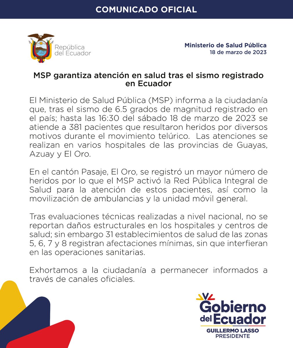 ComunicacionEc's tweet photo. COMUNICADO OFICIAL | La Secretaría General de Comunicación de la Presidencia informa sobre la atención garantizada de @Salud_Ec. https://t.co/TEflcEausC