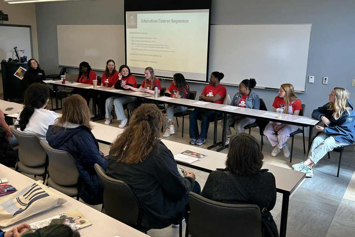 DeanJimMcIntyre's tweet photo. Huge thanks to our Belmont College of Education Bruin Recruiters and Dean’s Student Advisory Council members for representing us so beautifully today!! Our prospective #Bruins got to see and hear what is so special about the Belmont University experience!! #TeachBrilliantly https://t.co/vKhHCP45vK