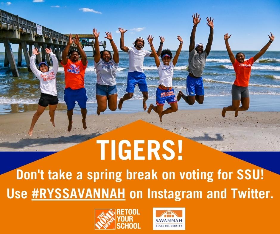 savannahstate's tweet photo. Tigers...no breaks allowed--keep voting for SSU!!! #RYSSAVANNAH, Tweet #RYSSAVANNAH then retweet #RYSSAVANNAH over, and over, and over..... https://t.co/mMS4yisOsp