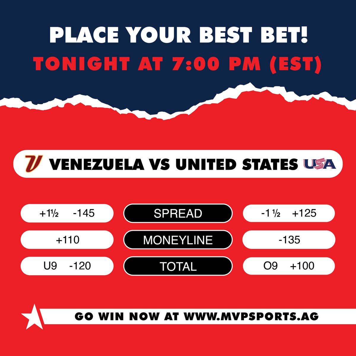 Just minutes until the <a href="/wbcbaseball/">World Baseball Classic</a> quarterfinals begin! ⚾️

Tonight at 7PM (EST) Venezuela will face the USA.

So where are you putting your money on? Who’s up and who’s down? 💰

Place your bets now at mvpsports.ag 📲 

#WorldBaseballClassic  #seriemundialdebeisbol