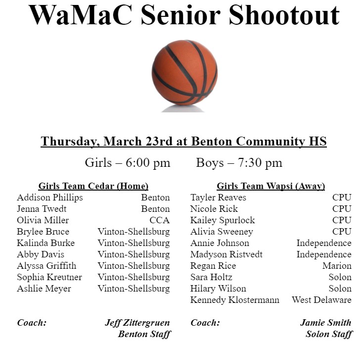 LadyCatsBasket1's tweet photo. Thur, March 23, Benton will host the WaMaC Senior Shootout. Girls game will start at 6 pm w/ Boys game to follow.  Admission is $5. Should be a great night of hoops!
@jtlinder  @CCAGirlsHoops @ViketteNation @cpugbball @bball_indee @GirlsMarion @SolonGBB @WestDelawareGBB https://t.co/IutjbVHwep