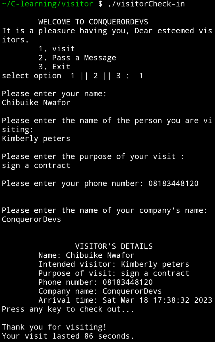 its_1four's tweet photo. Almost 2 months since I started my journey with @alx_africa, and I am putting into practice knowledge learned from tasks. Today, i built a c powered Visitor's register.
#ALX #alxCohort12 #cohort12 #C_programming #DoHardThings https://t.co/H5JKqXf7LC