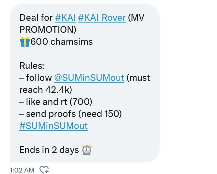 bkhyn_byun04's tweet photo. ATTENTION EXOLs and Goms❗

DEAL FOR #KAI ON IDOLCHAMP (MV PROMOTION)
🎁600 chamsims

Rules:
- follow @SUMinSUMout (must reach 42.4k)
- 700 likes and rt
- 150 proofs of following @SUMinSUMout 

Ends in 2 days❗❗

Let end this fast to add chamsims on Kai, he currently 2nd place🚨 https://t.co/HEAjca1qX4
