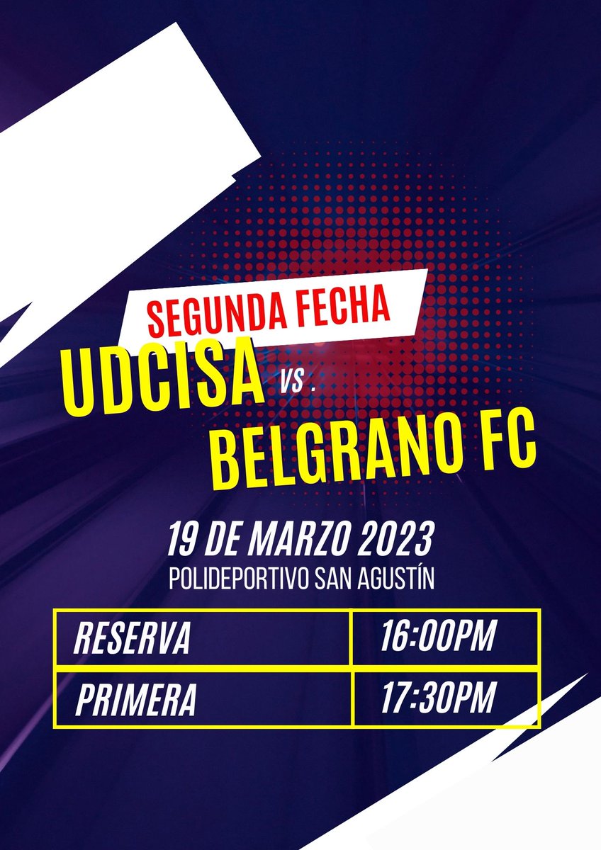 U.D.C.I.S.A (@udcisatricolor) on Twitter photo 🔜 ¡𝗣𝗥𝗢́𝗫𝗜𝗠𝗢 𝗣𝗔𝗥𝗧𝗜𝗗𝗢!
👉 <a href="/ligariotres/">ligariotres</a>
🗓 Domingo 19/03
🕗 16:00 reserva
🕗 17:30 primera
⚽️ vs. @belgranofootballclub
🏟️ polideportivo municipal 🔜 ¡𝗣𝗥𝗢́𝗫𝗜𝗠𝗢 𝗣𝗔𝗥𝗧𝗜𝗗𝗢!
👉 <a href="/ligariotres/">ligariotres</a>
🗓 Domingo 19/03
🕗 16:00 reserva
🕗 17:30 primera
⚽️ vs. @belgranofootballclub
🏟️ polideportivo municipal
