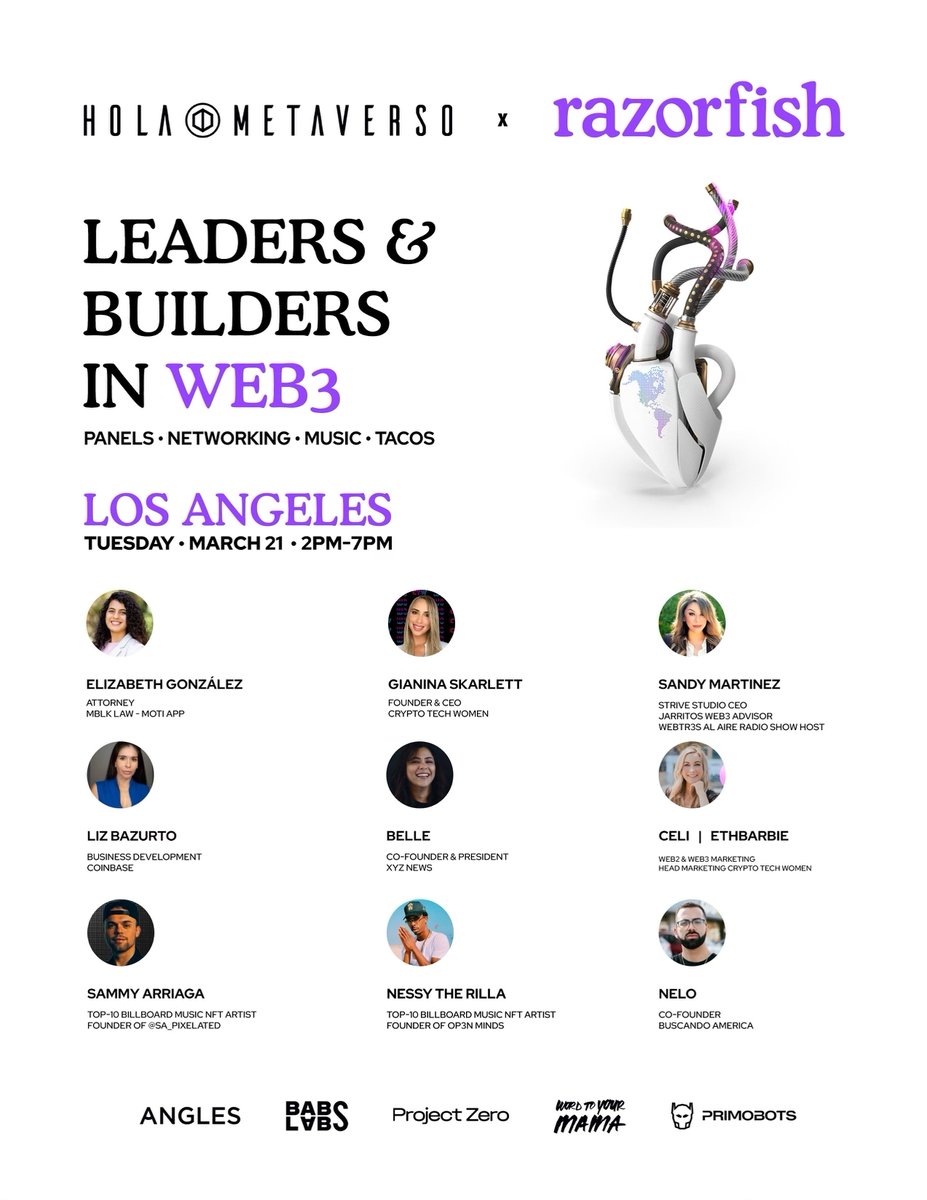 If you will be in LA
Hola Metaverso &amp; <a href="/WeAreRazorfish/">Razorfish</a> 
Tues • March 21st, 
Leaders &amp; Builders in Web3
2pm-7pm
Panels • Tacos • Music

Are <a href="/SammyArriaga/">Sammy Arriaga</a> &amp; <a href="/NessyTheRilla/">NE$Y 🦍</a> performing an acoustic version of "Metagirl" Remix? 

Come thru &amp; find out

DM <a href="/oszie5/">oszie.eth Media & Event Director 🧑🏽‍💻</a> or I for an invite