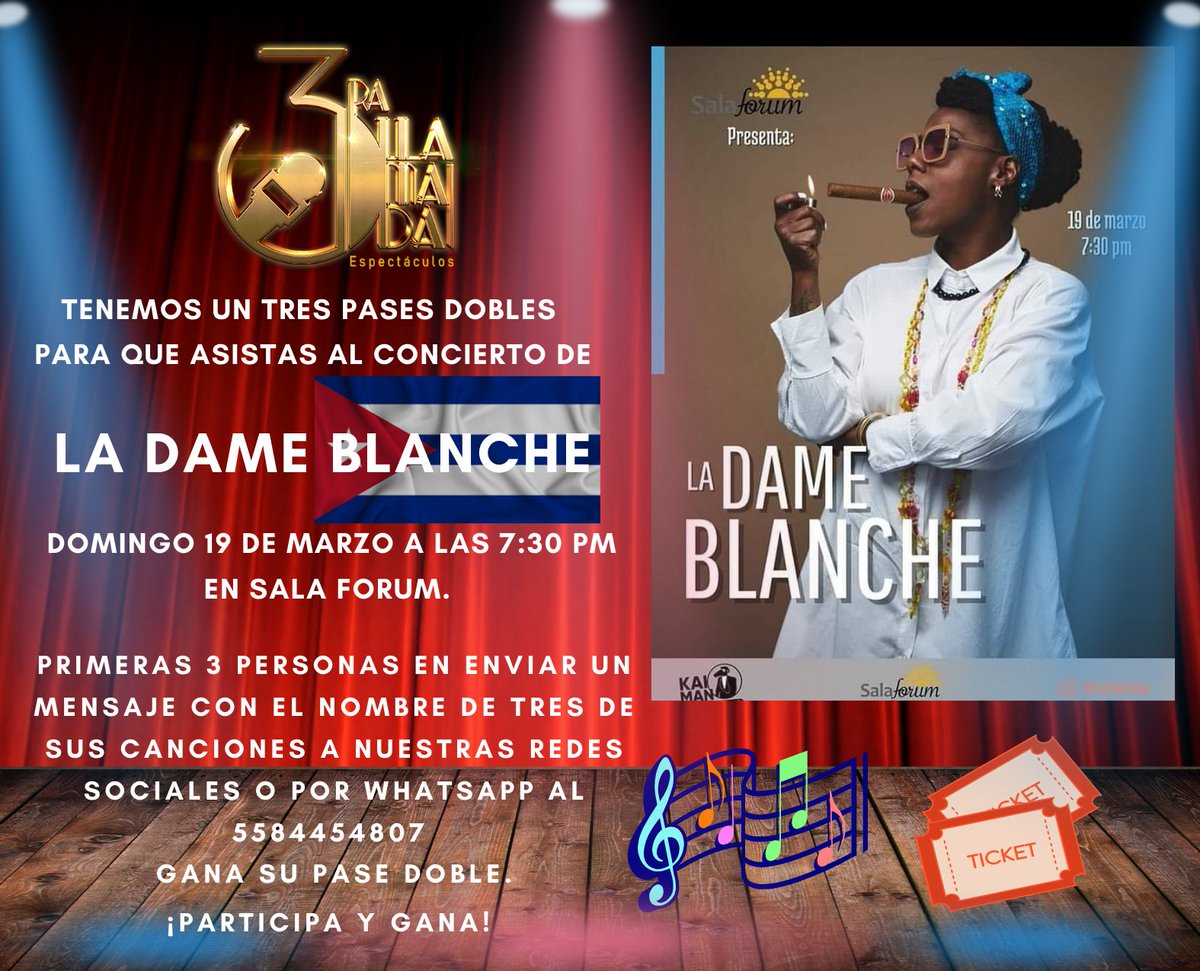 ✨🎶 Aquí la dinámica para que asistas al concierto de <a href="/ladameblanche13/">La Dame Blanche</a>  este domingo 19 de marzo en <a href="/SalaForum/">Ruth Sanford</a> . #ladameblanche 
Envía o comenta el nombre de tres de sus canciones y ganas un pase doble.
¡Participa y gana!
