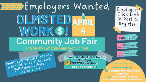 OFCSDistrict's tweet photo. 📢 We are seeking employers who are looking to fill full/part-time/seasonal positions for the second annual Olmsted Work$ Community Job Fair, hosted by OFHS on April 4. ➡️ To register, visit: https://t.co/73WzbmdgZg. For questions, contact: acaldrone@ofcs.net. #TheBulldogWay https://t.co/LeqDCywIea
