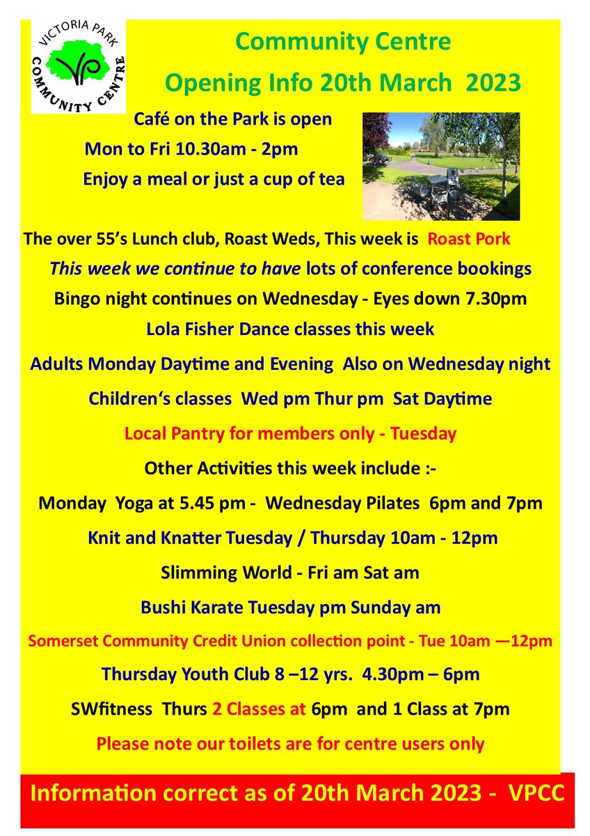 Good Morning 20th March 2023

We are pleased to this week, host lots of different activities 

Café on the park is open 10.30 - 2.00 weekdays 

Roast Wednesday for the over 55's is this week Roast Pork

VPCC