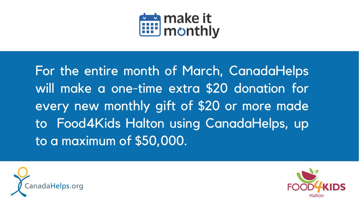 We provide packages of healthy food for students with little or no access to food. Sponsor a child today: food4kidshalton.ca/make-a-donation - Only 2 weeks left!!! In March 2023, @canadahelps will make a one-time $20 donation for every new monthly gift of $20+ made to us using @canadahelps.