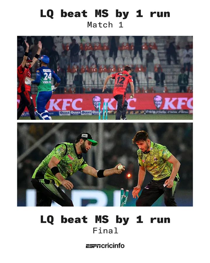 AliHaider3011's tweet photo. #PSL2023 Match 1 vs Final: 
- Both matches won by LQ ✅ 
- Both matches won by 1 run ✅
- Both matches had run outs in the final over ✅
- Both matches involved Zaman and Khushdil on the last ball ✅

🤯 🤯 🤯
#LahoreQalanders #PSL https://t.co/OyDNrXDoSP