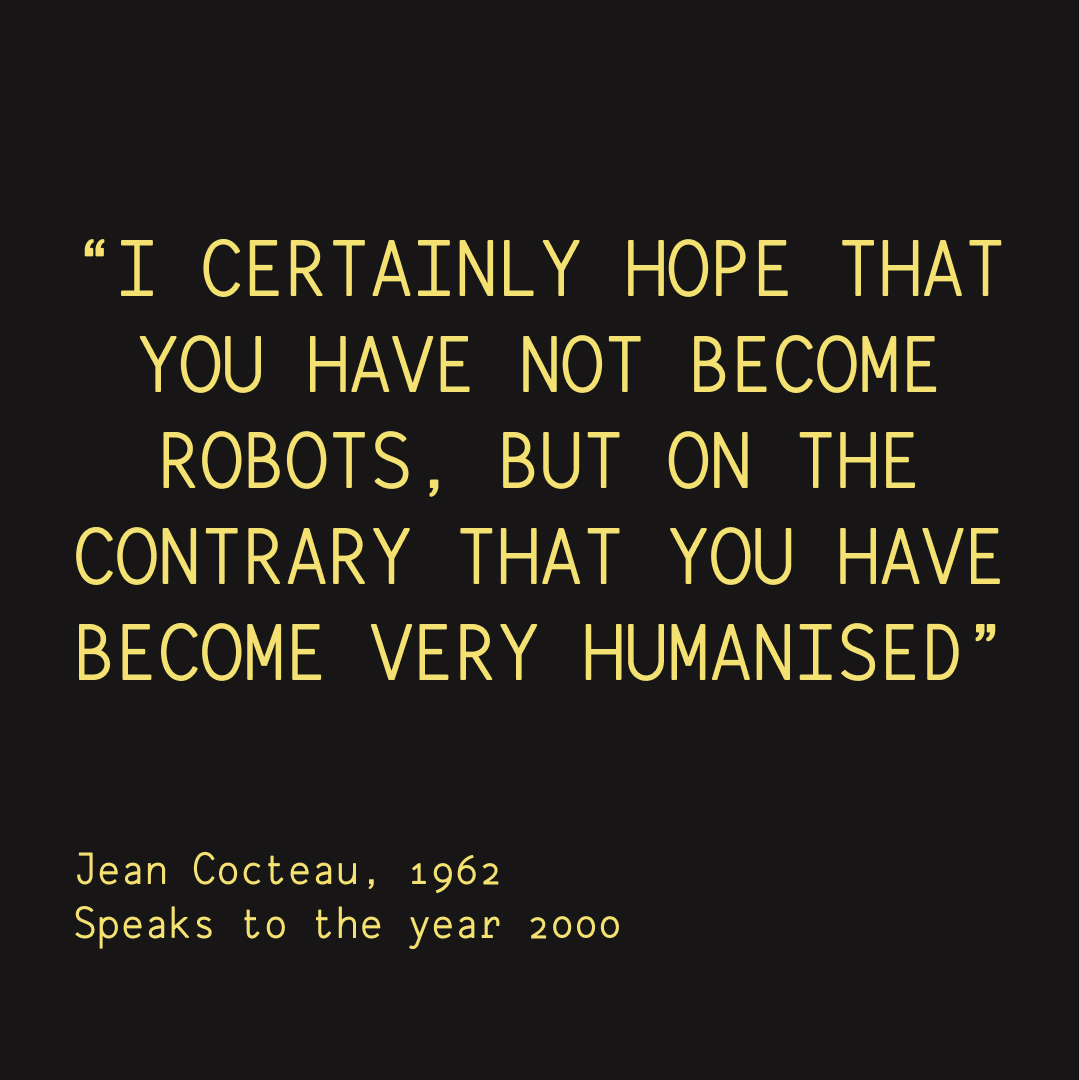 This quote was an important inspiration for the creation of <a href="/janbotfilms/">Jan Bot</a>. Is technology serving humans or are humans serving technology? As we create and use tech, it's crucial to question its impact with artistic curiosity without taking a moralising stance.  #AI #Technology