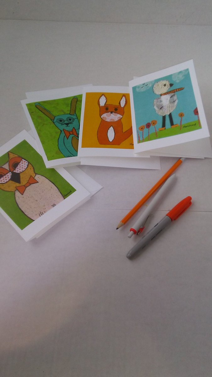 GinaGinasart's tweet photo. Excited to share the latest addition to my #etsy shop: 4 and 3/4 by 6 and 3/4 whimsical blank animal cards owl, rabbit, bird with scarf, fox. Can be framed , Frame NOT included. 4 5x7 envelopes https://t.co/6LW3gqb9Zk #green #orange #collageprintedcard #4cards #4envelo https://t.co/uQQRP13Z6s