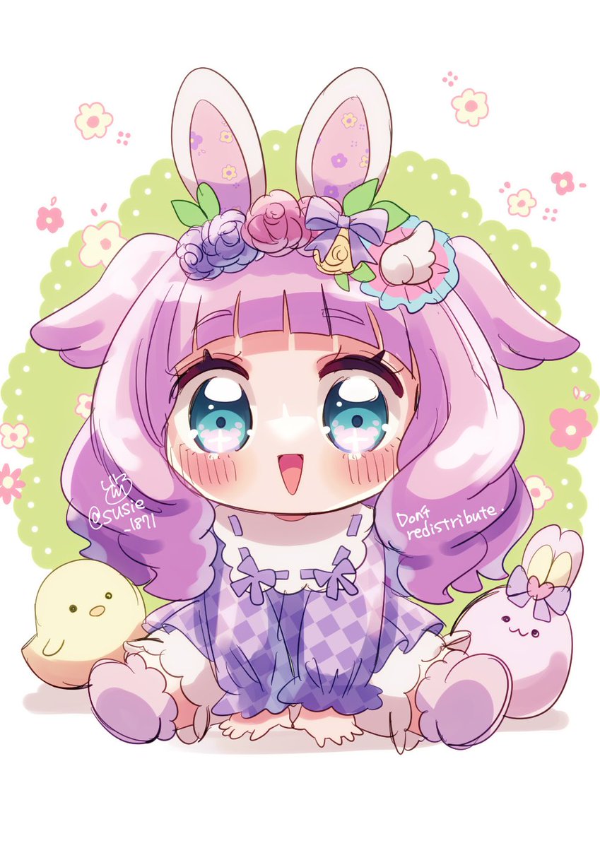 1girl animal ears flower rabbit ears blue eyes solo dress  illustration images