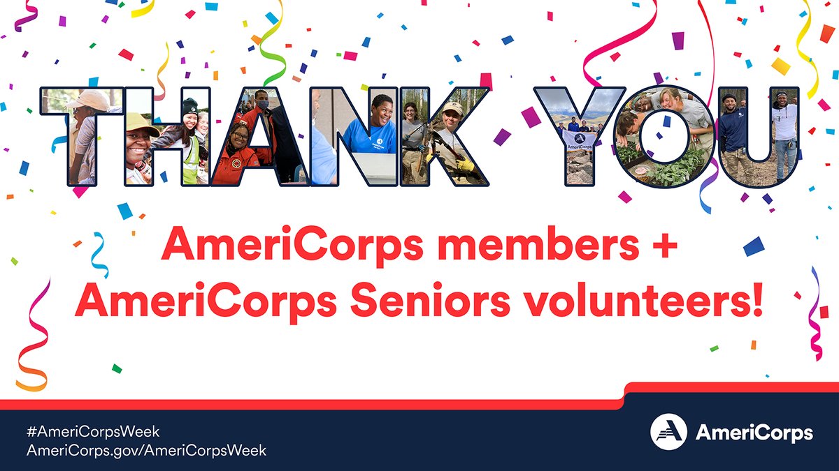 During #AmeriCorpsWeek, we say #ThankYou to @AmeriCorps members + @AmeriCorpsSr who serve our communities. They empower our students to succeed, lift up #Veterans, fight #ClimateCrisis, promote #HealthyFutures, and more. #RT to say #AmeriThanks with us! AmeriCorps.gov/AmeriCorpsWeek
