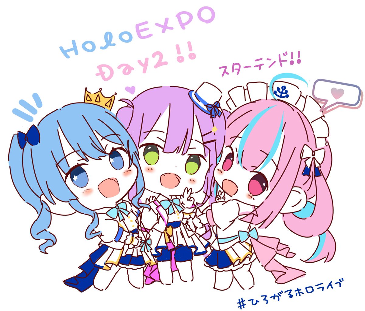 hoshimachi suisei ,minato aqua ,tokoyami towa multiple girls 3girls blue hair chibi blue eyes green eyes purple hair  illustration images