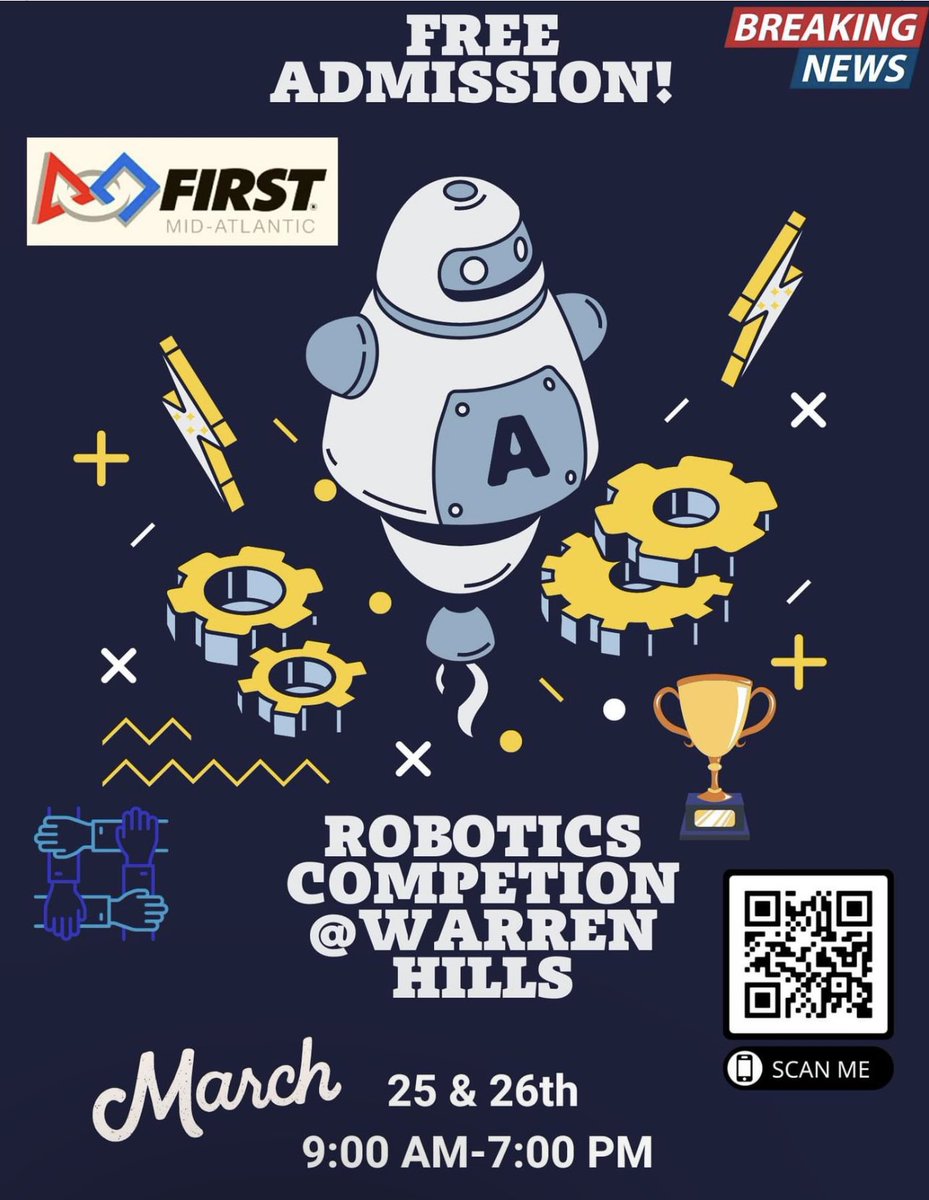 Breaking news <a href="/WHRHighSchool/">Warren Hills HS</a> is hosting the first every <a href="/FRCTeams/">FIRST Robotics Competition</a> event next weekend March 25 and 26th come check out over 30 teams compete! Admission is free all are welcome to attend!! <a href="/WHRSDAthletics/">WHRSD Athletics</a> <a href="/WHRMiddleSchool/">Warren Hills M.S.</a>
