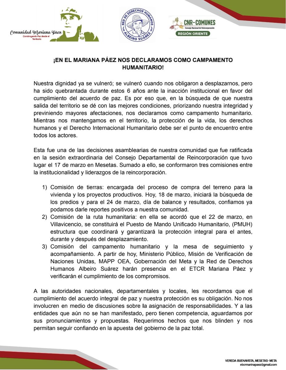 ¡EN EL MARIANA PÁEZ NOS DECLARAMOS COMO CAMPAMENTO HUMANITARIO! 

Nos declaramos campamento humanitario para que, mientras permanezcamos en el territorio se garantice la defensa de la vida, de los derechos humanos y del DIH. 

Compartimos las conclusiones del CDR: