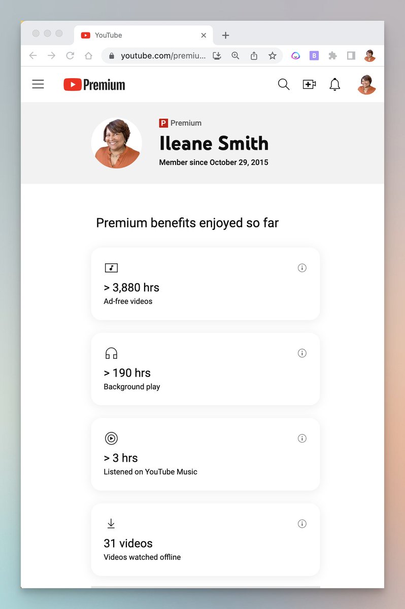 This is interesting. YouTube keeps track of all the benefits I have enjoyed with YouTube Premium since 2015 😱
Looks like I did actually use YouTube Music for about 3 hours. I forgot about that 😂