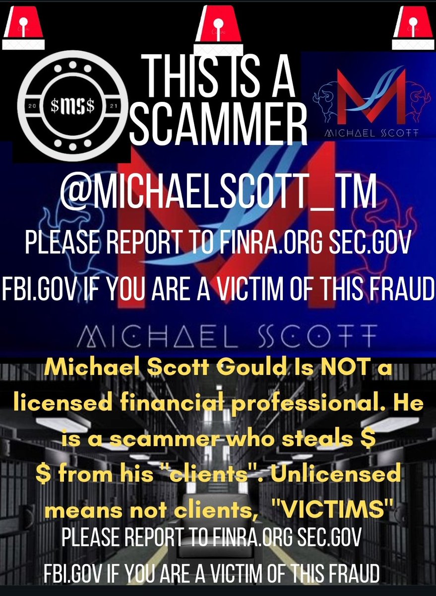 DrCoinbase's tweet photo. @OilFieldAssasin @1SirCrypto @tequila_pete @michaelscott_tm
🚨SCAMMER ALERT🚨
Michael Scott Gould IS NOT a financial professional. He is operating an ILLEGAL ADVISEMENT SERVICE and scamming his "clients", aka victims out of thousands of dollars. @SECGov #Finra @FBI https://t.co/0FwsNSS7Xg