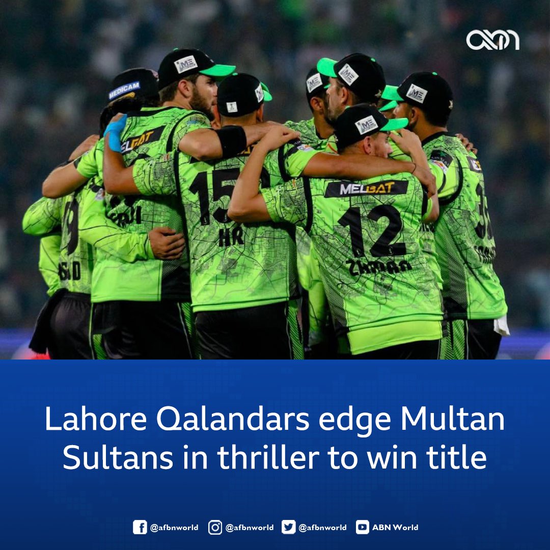 afbnworld's tweet photo. Lahore Qalandars beat Multan Sultans by one run in a thrilling final to secure back-to-back Pakistan Super League titles.

#PSL2023 #LQvMS https://t.co/peNjBT1Q7w