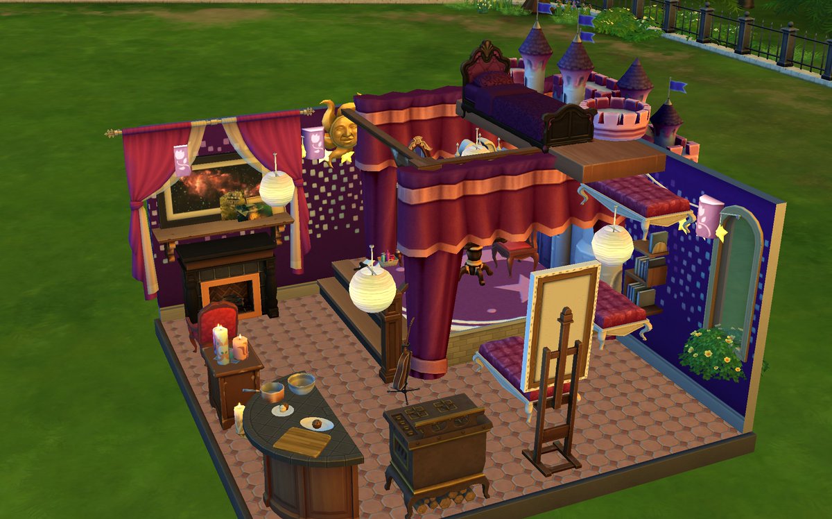 nikkidressup's tweet photo. In the "I See The Light" Bedroom insp by Tangled, you can do it all: hair brushing, reading (and rereading), guitar, painting, chess, baking + candlemaking! Thanks to @TheSimCommunity for this fun + creative opportunity! #SCDisney #Sims4 #SimsCommunity #Disney #ShellChallenge https://t.co/VbEuryMIHi