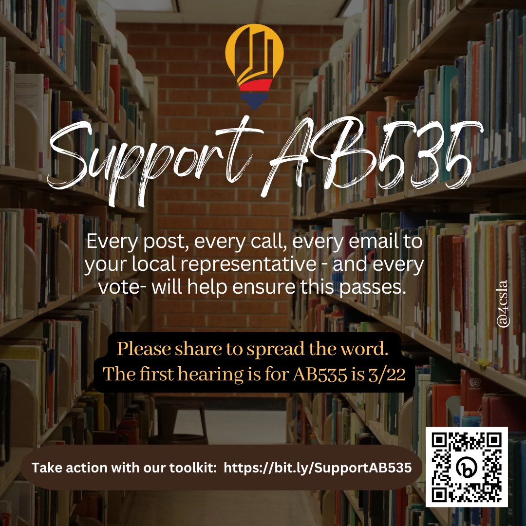 Support #EarlyLiteracy, and #MediaLiteracy through #StrongerSchoolLibraries by voting for #AB535. @4CSLA  @SJSUlibadvocacy #SchoolLibrariesMatters #EdEquity
libslide.org/wp-content/upl…