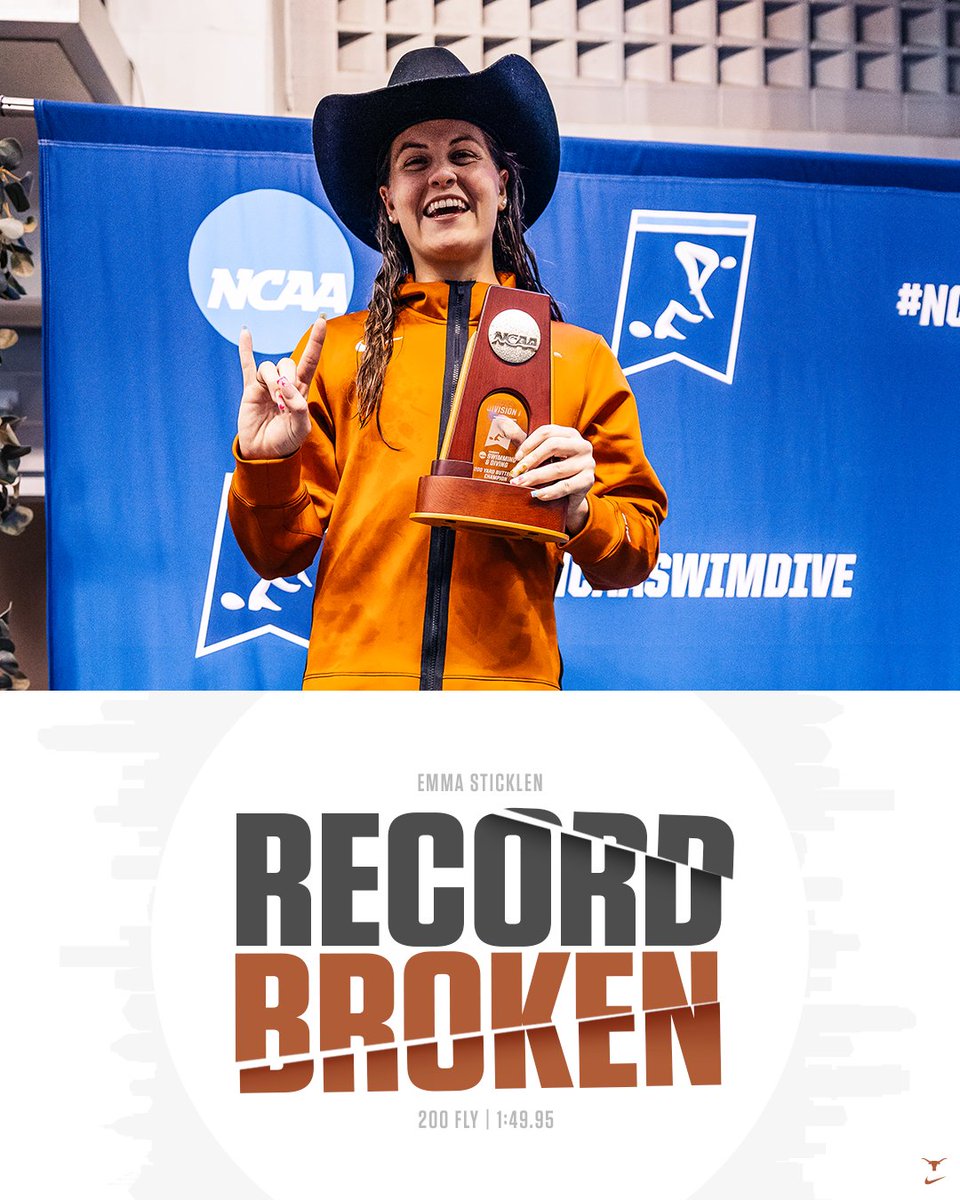 Emma Sticklen wins the 200 fly national crown with a program, meet and pool record of 1:49.95! 👑🤘#HookEm