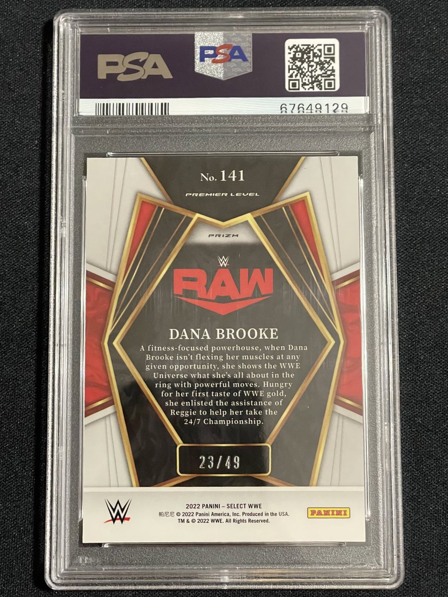 disneyworldtuna's tweet photo. Dana Brooke 2022 Panini Select WWE Premier Level #141 Pink Prizm Parallel #23/49 PSA 9 Mint! #WWE #DanaBrooke #PSA #PSA9 #PaniniAmerica #PaniniSelect #SelectWWE #MasterSet #Prizm @DanaBrookeWWE https://t.co/qqDOSODQ5s