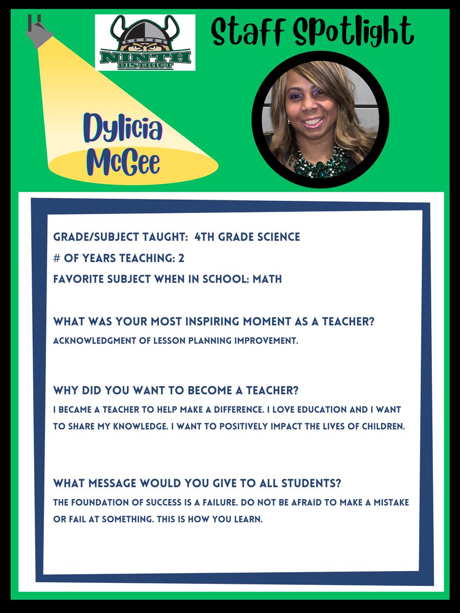 9thDistVikings's tweet photo. Today we spotlight, Ms. Dylicia McGee, our 4th grade Science Teacher. https://t.co/oFfZ3tV5O0