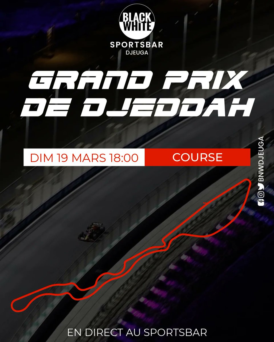 BnWDjeuga's tweet photo. 🏎🏁 𝗙𝗢𝗥𝗠𝗨𝗟𝗘 𝟭 : 𝗚𝗣 𝗝𝗘𝗗𝗗𝗔𝗛 🇸🇦

Les Qualifs ont été palpitantes, maintenant place à la course 🤩.

Extinction des feux à 18:00 et rendez-vous au premier virage 🚥 en direct au SportsBar. Qui remportera le #SaudiArabiaGP ? Dites-le nous en commentaire 💬⤵️. #F1 https://t.co/JZZYqZ4KgR