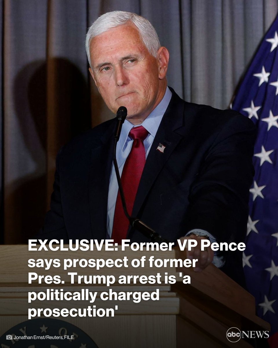ABC's tweet image. EXCLUSIVE: During a sit-down interview with @ThisWeekABC co-anchor @jonkarl, former Vice President Mike Pence says a possible arrest of former President Donald Trump would be "a politically charged prosecution." trib.al/vy15e3j