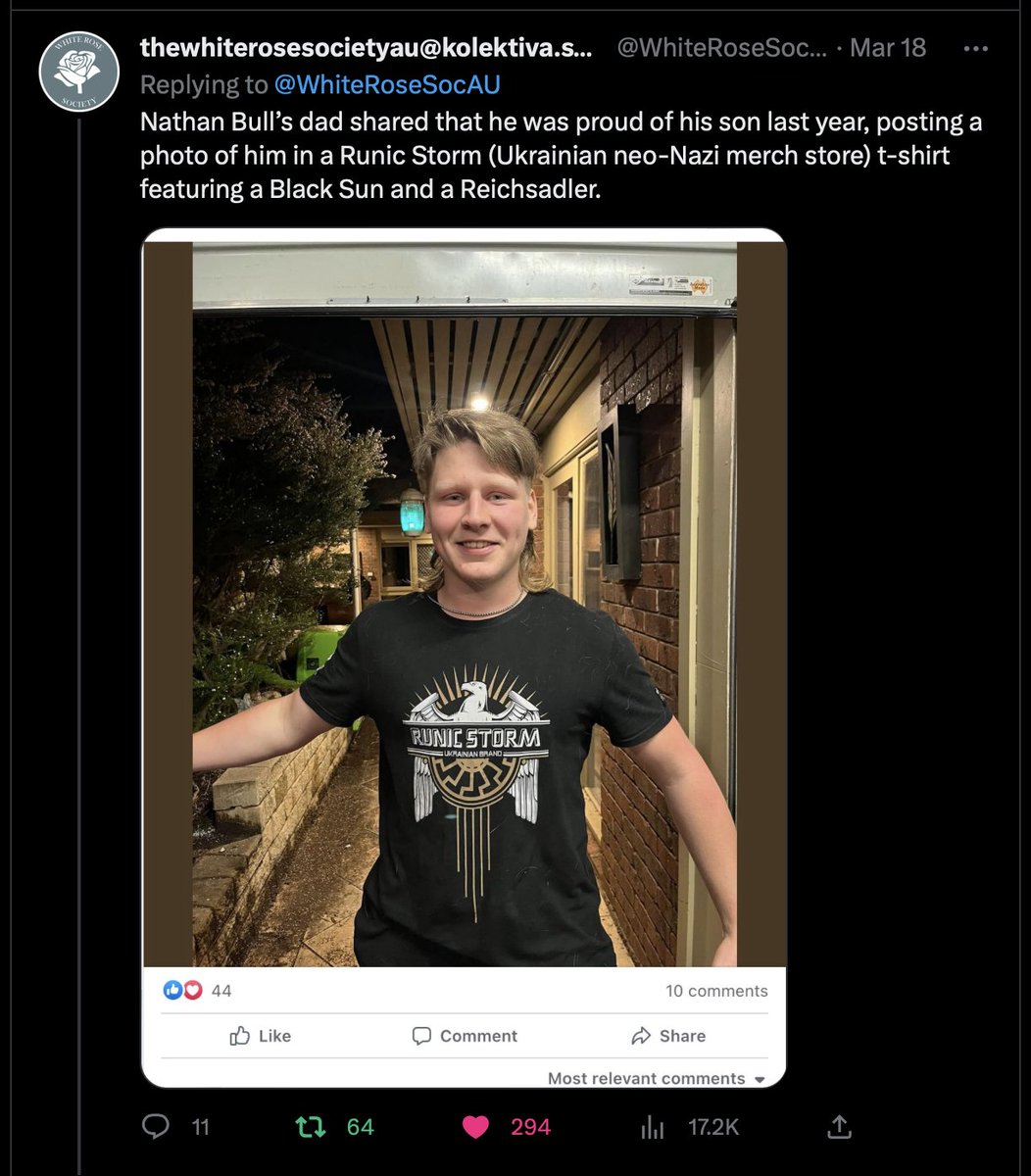 @MRobertsQLD #NathanBull - who is the son of a Victorian cop - wears all sorts of #NAZI symbols and likes this #Ukrainian '#RunicStorm' shirt:

#AUSPOL #SpringSt #NAZIs #NeoNazis #HateSymbols #WhiteFragility #Racists #NAZI #Fascist #Fascism #ANTIFA #GoodNightWhitePride #Victoria #VicPol #Melb