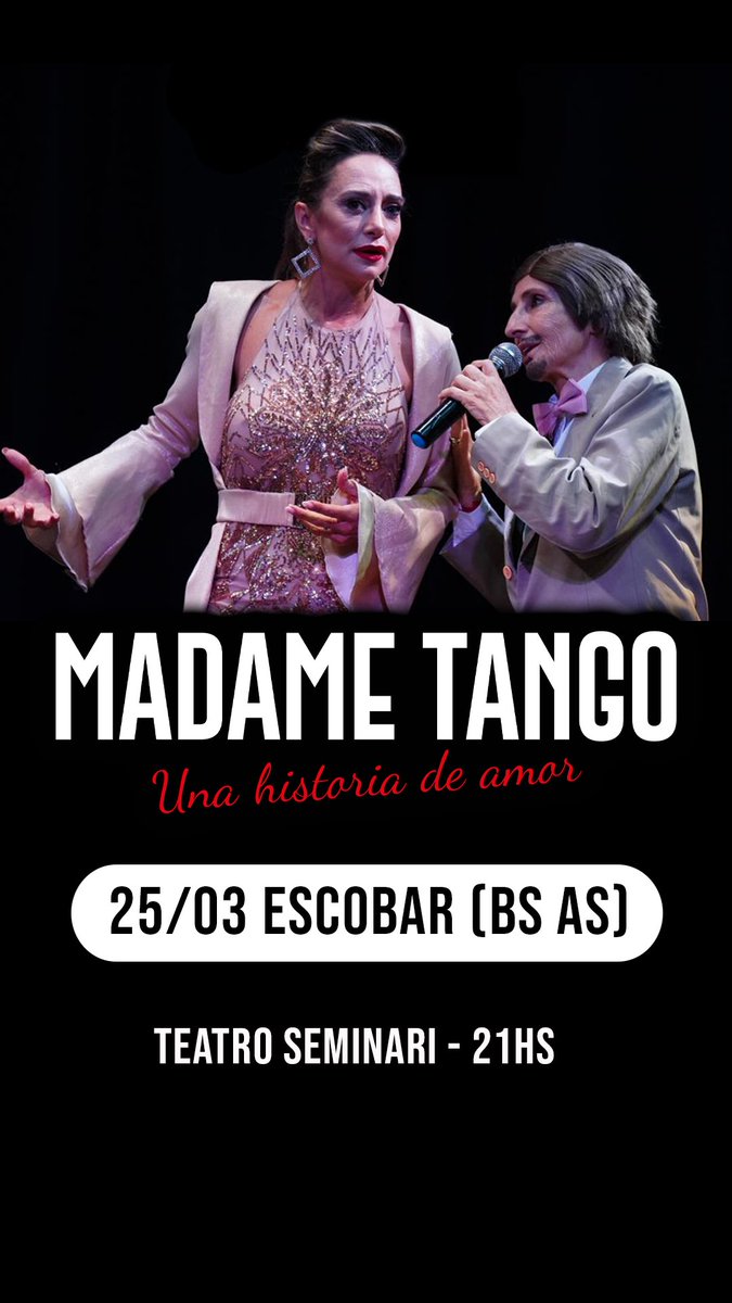 El próximo sábado llegamos a Buenos Aires. 
Presentamos Madame Tango con <a href="/gflorimonte/">Gladys Florimonte</a> el 25/03 en el teatro de Semari de Escobar a las 21hs.

En este link consiguen las anticipadas

tuentrada.com/eventos/detall…

Los esperamos 🙌🏾