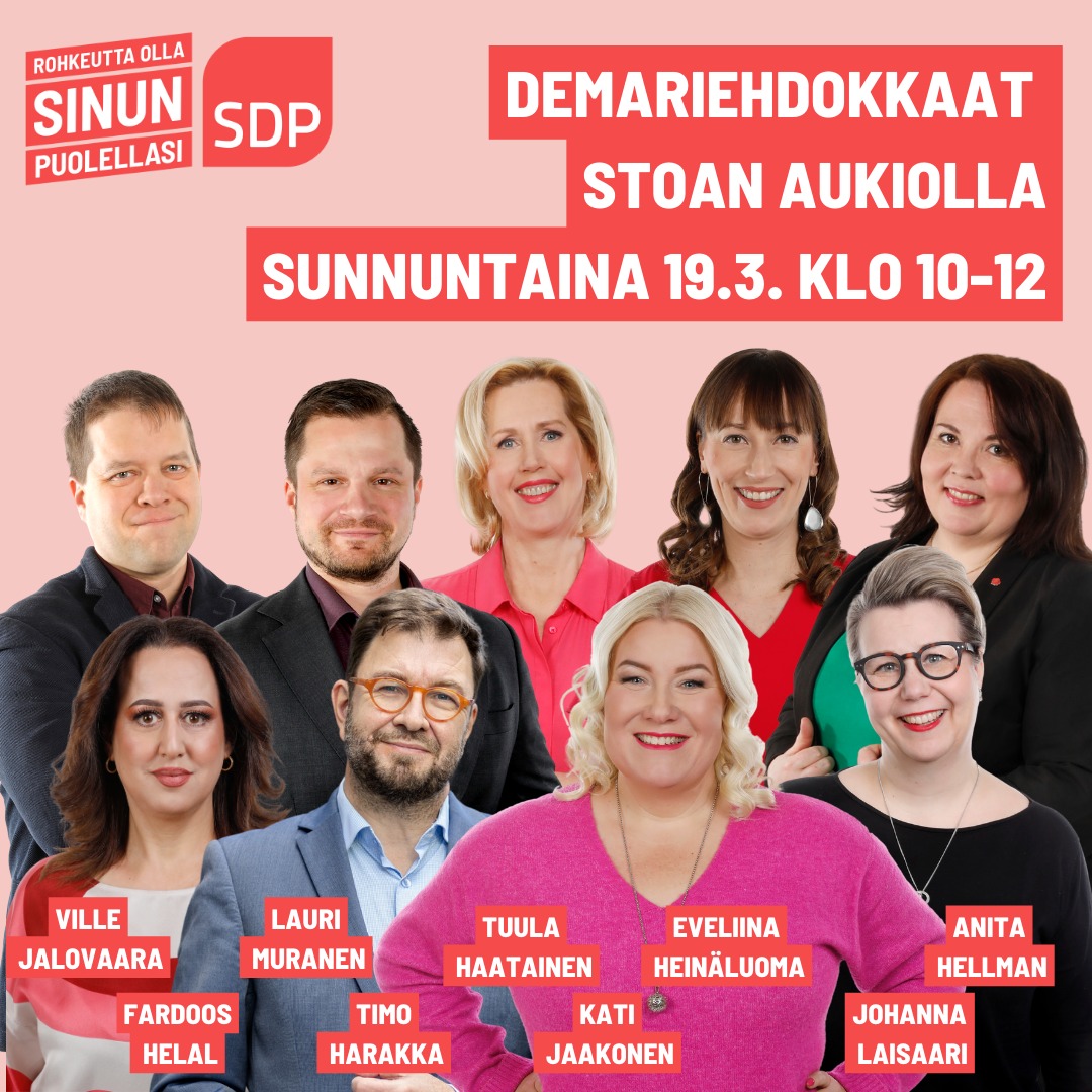 SDPhelsinki's tweet photo. Tule Itikseen  STOAn aukiolle su 19.3. aamupäivällä tapaamaan ehdokkaitamme @TuulaHaatainen @TimoHarakka @eveheinaluoma @JalovaaraVille @HellmanAnita @laurimuranen @Hellapoliisi @JohannaLaisaari sekä Fardoos Helal. https://t.co/b7Wihkj3Uu Rohkeutta olla sinun puolellasi ❤️ https://t.co/pLw0G6vLAp