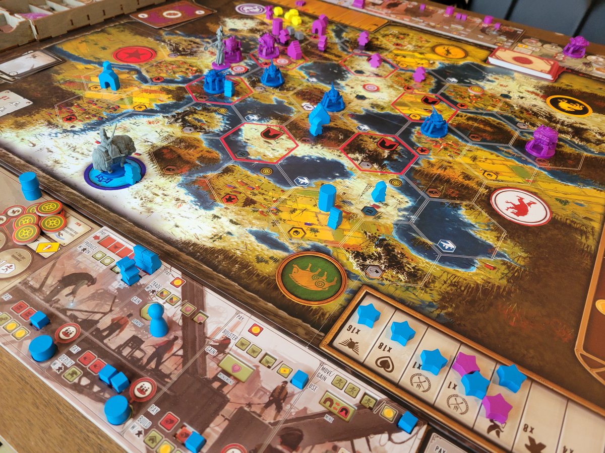 GuildHallHobby's tweet photo. Knocked out a few games of the incredibly fun and highly strategic Scythe!  This game requires you to think ahead but it's tremendously satisfying when it all comes together at a pivotal moment and as always, it's available in our game library #Scythe #boardgames #flgs https://t.co/4VSNPoY2Sm