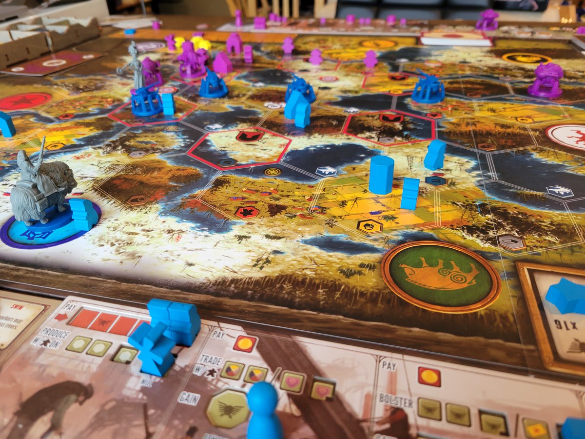 GuildHallHobby's tweet photo. Knocked out a few games of the incredibly fun and highly strategic Scythe!  This game requires you to think ahead but it's tremendously satisfying when it all comes together at a pivotal moment and as always, it's available in our game library #Scythe #boardgames #flgs https://t.co/4VSNPoY2Sm