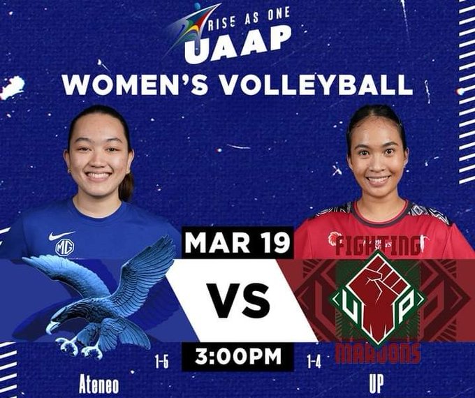 Cosmos_Crypto24's tweet photo. Upcoming Match‼

The #Ateneo Lady Eagles and #UP Fighting Maroons will go head-to-head in the #UAAPSeason85 Women's Volleyball today @ 3PM! 🏐🔥

Don't miss out on the action! 💪 https://t.co/2J9zfqpZLG