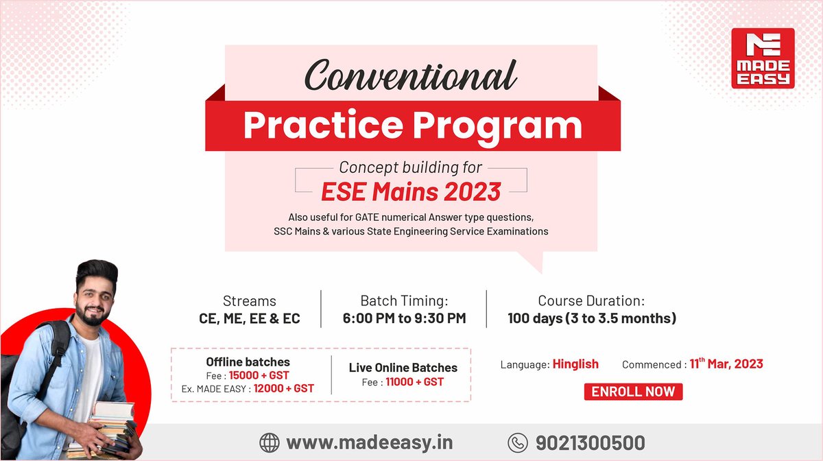 MADEEASY_Delhi's tweet photo. #MADEEASY has launched ESE 2023 Mains exclusive batch (Conventional Practice Programme with Mains Test Series). Enroll now and overcome all the obstacles in your way to success.

Visit: https://t.co/wBj3q0sQFU

#ESEmains #conventionalpracticeprogram #Practice #Engineering https://t.co/RGHvOgjUa4