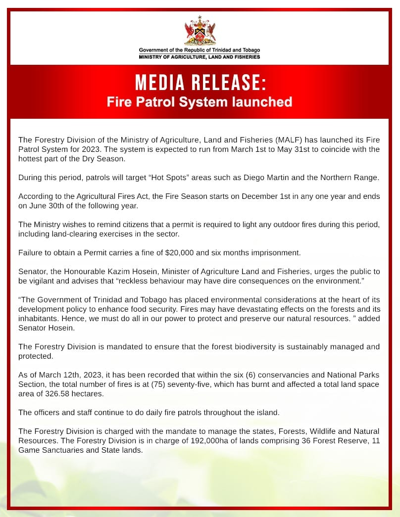maftt_'s tweet image. MEDIA RELEASE: MALF launches Fire Patrol System

Learn more on our website:
agriculture.gov.tt/media-releases…

#MALF | #ForestryDivision | #FireSeason | #FirePatrol