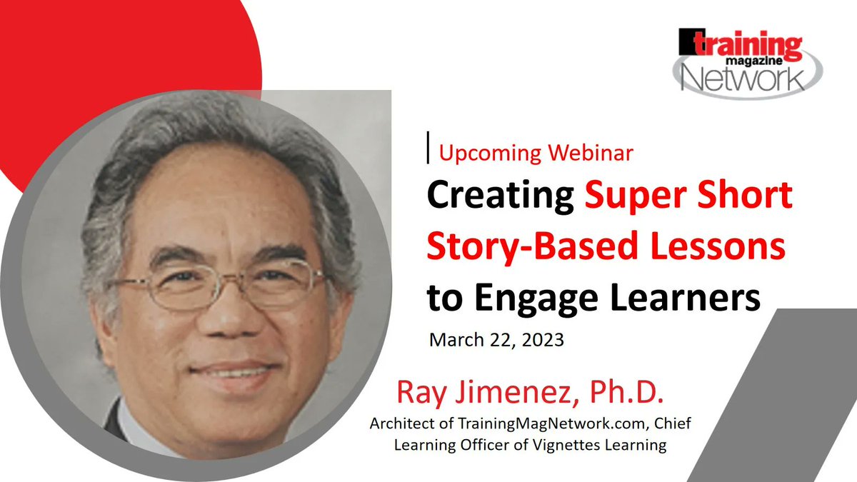 trainmagnetwork's tweet photo. FREE WEBINAR: Creating Super Short Story-Based Lessons to Engage #Learners
REGISTRATION LINK: https://t.co/K3iMOMAsv7 @RayJimenez #training #learning
#traininganddevelopment #LearningAndDevelopment #storybasedlearning
#microlearning https://t.co/5Nh46dkULb