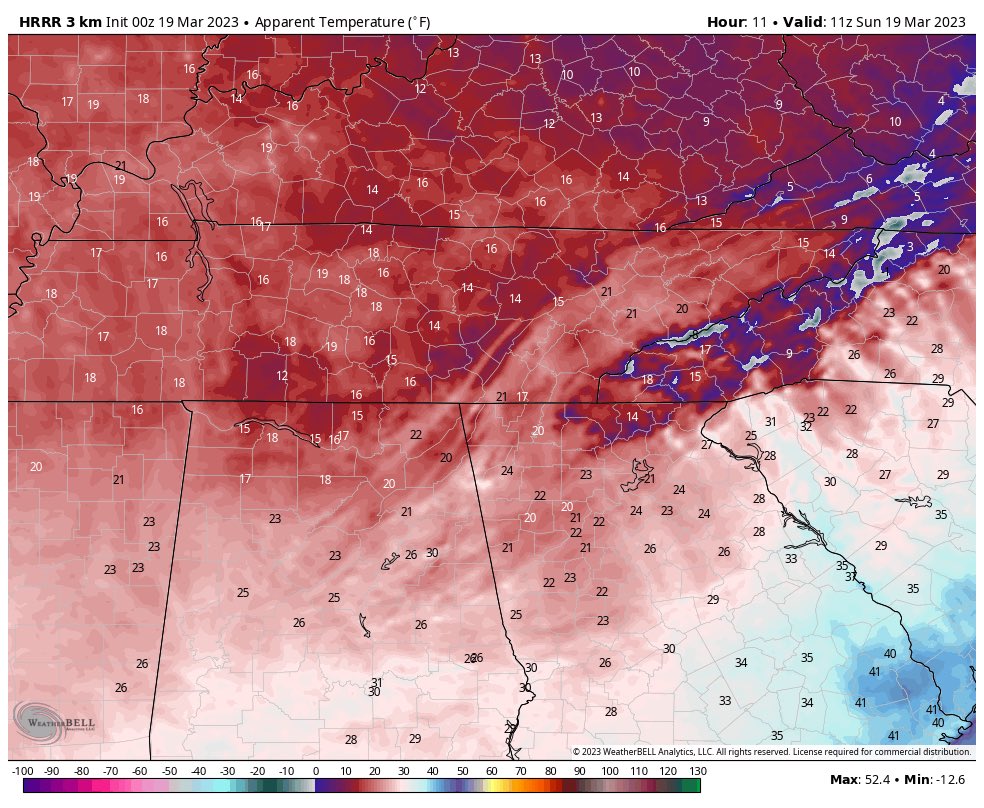 NWALscanner's tweet image. 🥶 RUDE wind chill readings tomorrow morning. Waking up to a feels like of 15 in North Alabama in March is not welcome. 🥶