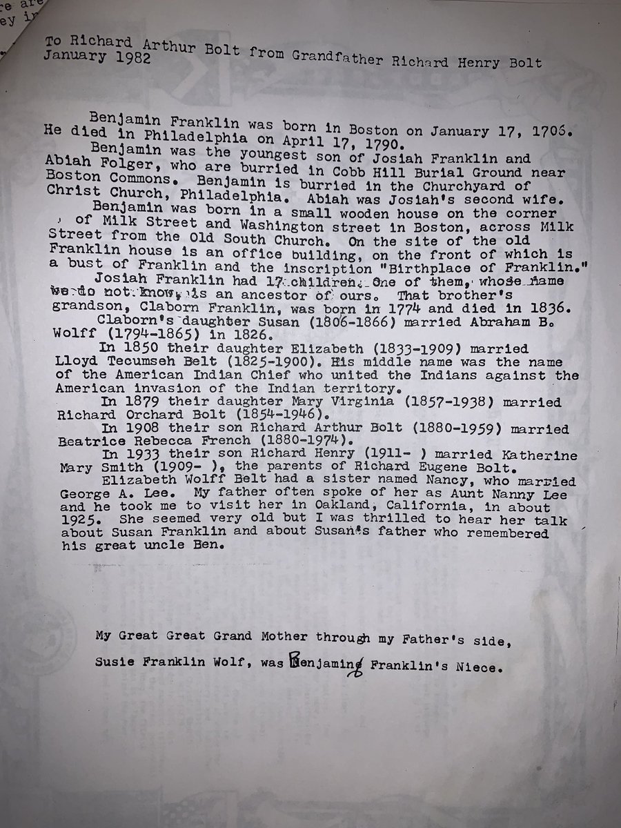 sweetster84's tweet photo. Looking through family memorabilia as I put together a slideshow for my dad’s celebration of life service.
In one of the boxes I found this letter from my Great Grandfather Richard Henry Bolt to his grandson.
#familytree #Genealogy #BenjaminFranklin #BoltFamily #FieldFamily https://t.co/hwsV1WcUtd