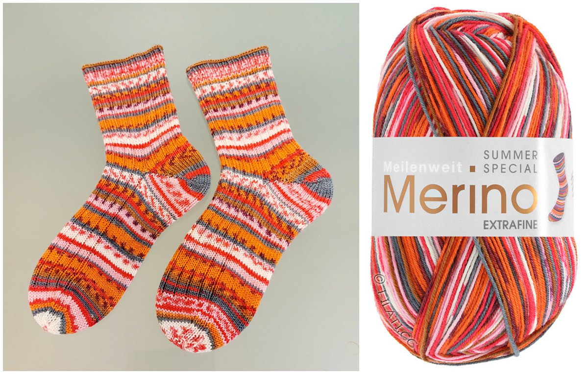 WonderWmn212's tweet photo. This was such a cheery color, I couldn't wait to get it on the needles but I had zero clue how it would turn out. @lanagrossa Meilenweit Merino Extrafine Summer Special; colorway 2623. #Knitting #knitsocks #knittingtwitter https://t.co/z4hsc0Kl4p