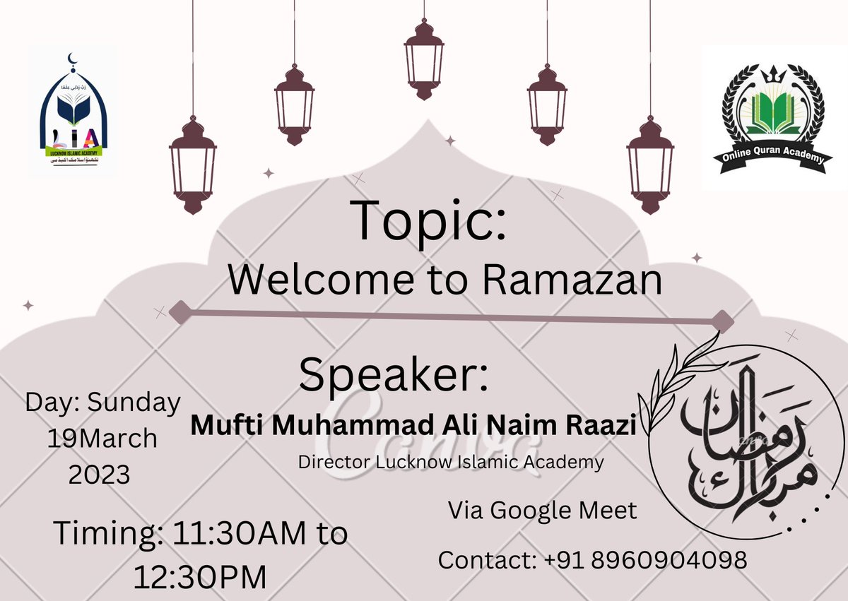 *Online Qur'an Academy*
✍️ *Topic : Welcome to Ramazan*
*Speaker: Mufti Muhammad Ali Naim Raazi* ( Director Lucknow Islamic Academy)
✍️ *Time : Sunday  11: 30 Am to 12: 30PM*
✍️ *Join Google Meet* 👇
meet.google.com/kzh-mrfd-qzg 

Jazak Allah Khairan
Mariyam Abdus Salam
