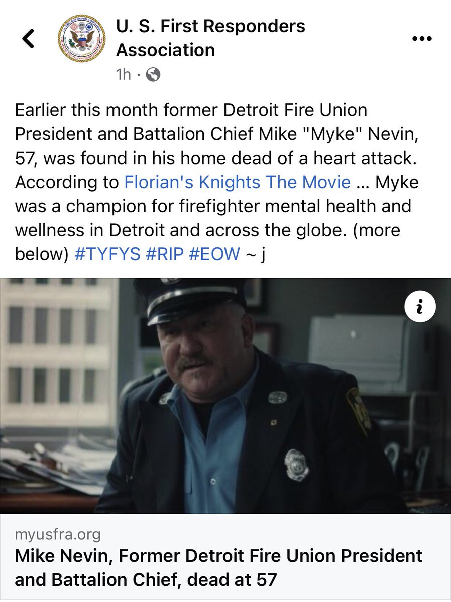 Thank you <a href="/usfraorg/">USFRA.org</a> for honouring one of our own, the late and great Batt. Chief Mike Myke Nevin. We hope his work is immortalized in our movie. He saved so many. #firefighting #PTSD #MentalHealthAwareness #detroit #RestInPeace