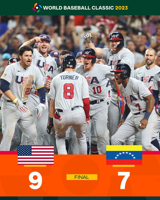 World Baseball Classic 2023 quarterfinals: Final: USA 9, Venezuela 7. Pictured: Trea Turner approaches home plate following a go-ahead grand slam in the 8th inning Saturday night in the World Baseball Classic. A mob of teammates waits to aggressively congratulate him.